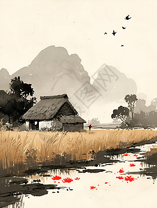 田野中的村庄背景图片