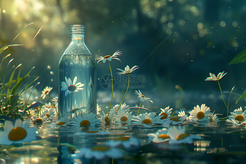 湖畔的水瓶与雏菊图片