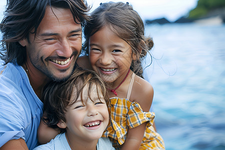 海边快乐的一家人背景图片