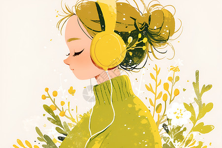 耳戴耳机的女子插画
