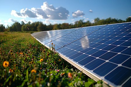 太阳能板高效融入田园背景图片