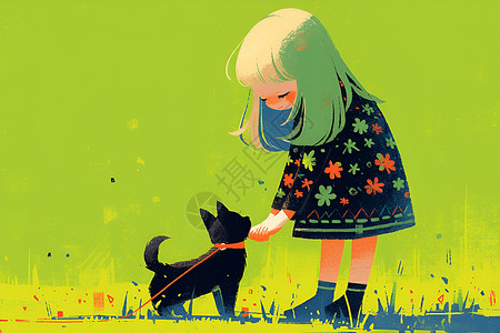 小女孩和可爱的狗狗背景图片
