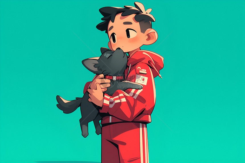 可爱卡通男孩抱着一只黑色小狗图片