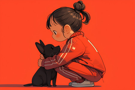 小女孩抱着黑色小狗背景图片