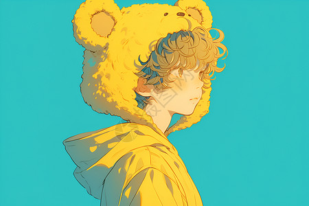 黄色小熊帽下的纯真少年插画