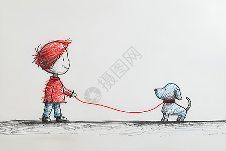小男孩遛狗铅笔画背景图片