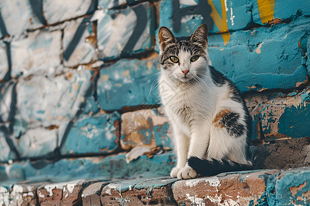 黑猫咪猫咪坐在蓝色墙壁前的窗台上旁边有涂鸦带有黄黑条纹卡洛斯·卡塔西动物摄影库存照片新构造主义背景