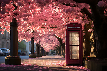 粉色樱花下的电话亭高清图片