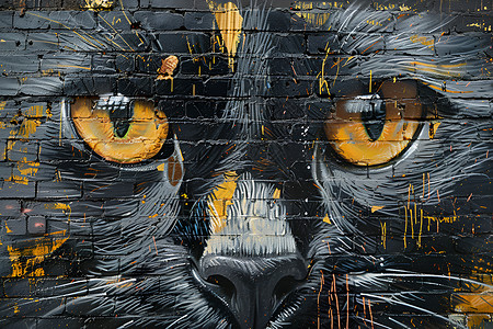 猫咪壁画黄色眼睛黑色鼻子上有黄色斑点作品街头艺术插画