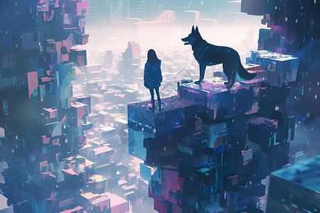 人与狗在超现实城墙上背景图片