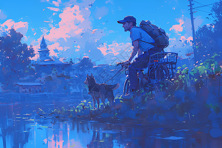 河岸城市河畔散步男士与狗插画
