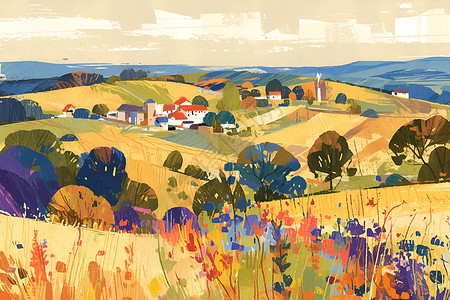 田园风情绚丽村庄的绘画背景图片