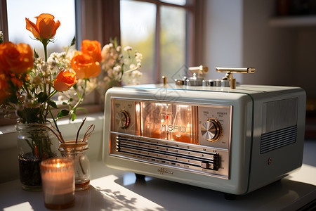 光线明亮家中的复古收音机背景