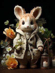 毛绒公仔绣兔与鲜花插画