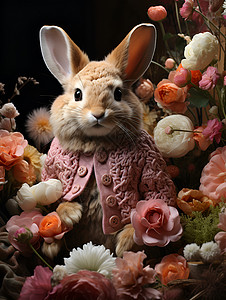 毛绒公仔素材粉红兔子的绣花插画