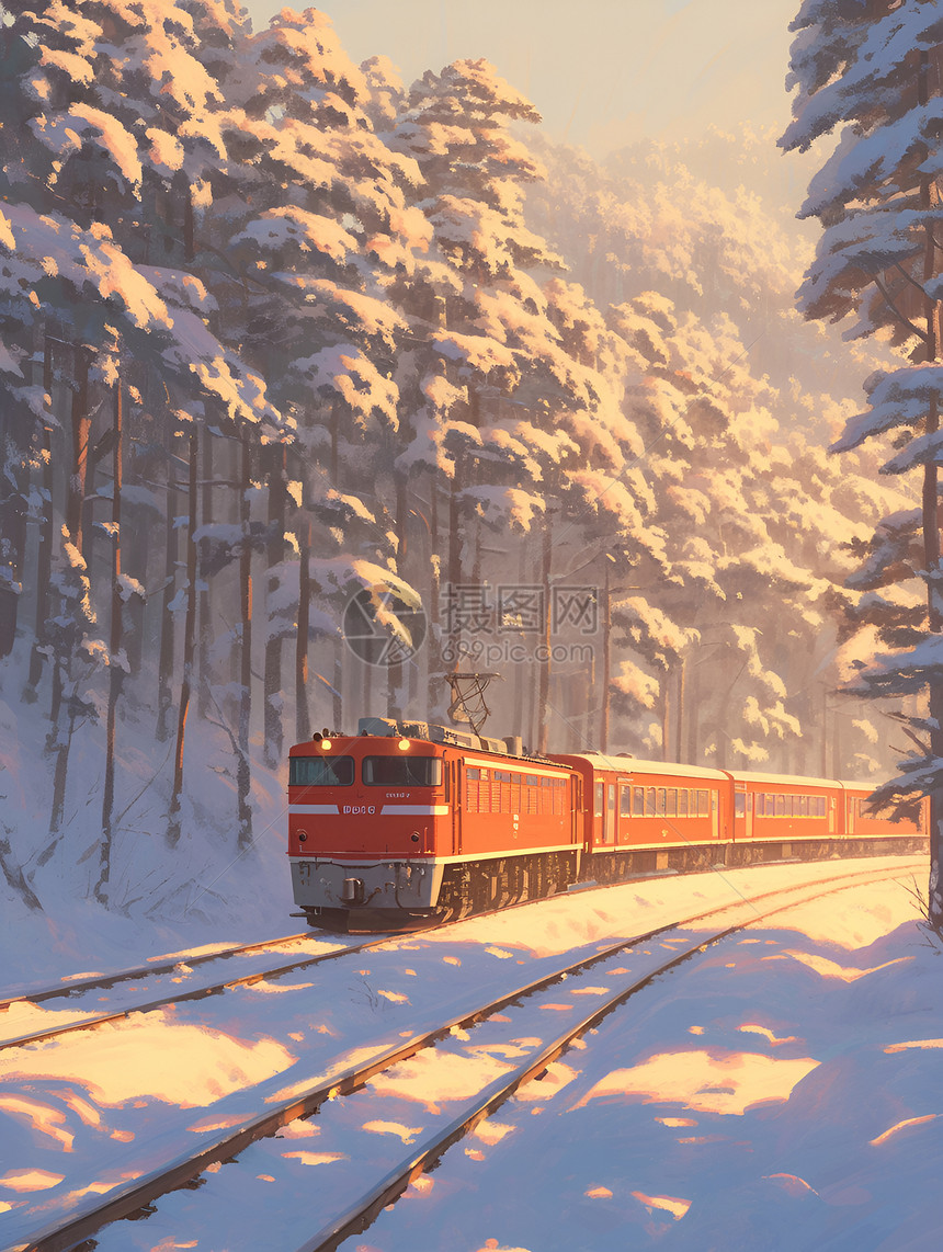 雪林中行驶的火车图片