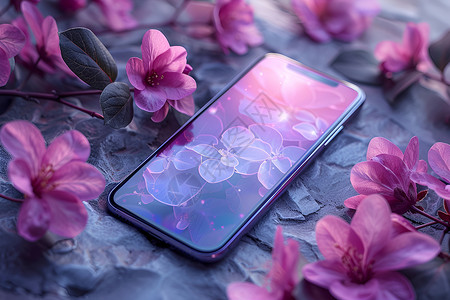 手机旁的紫色花朵背景图片