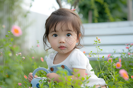 花园内可爱的小女孩背景图片