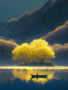 湖泊中的倒影湖光山色中的孤舟插画