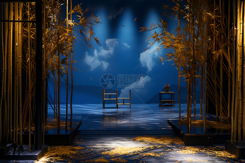 夜晚的竹林幽静舞台图片