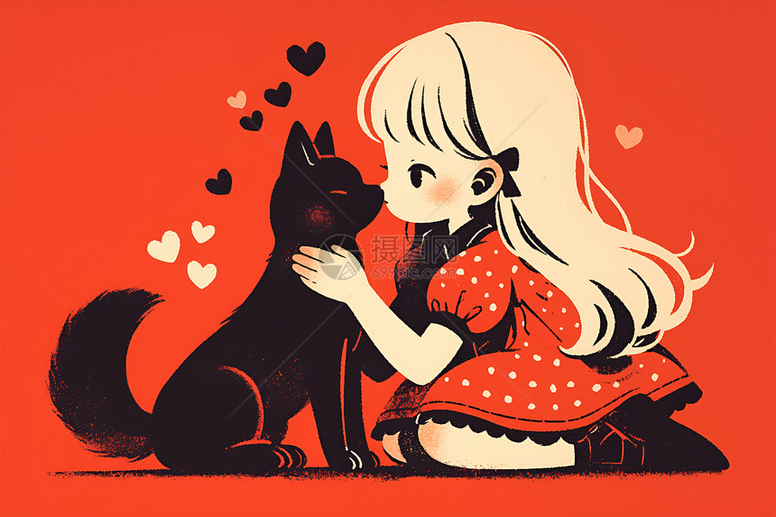 可爱的女孩和黑猫图片