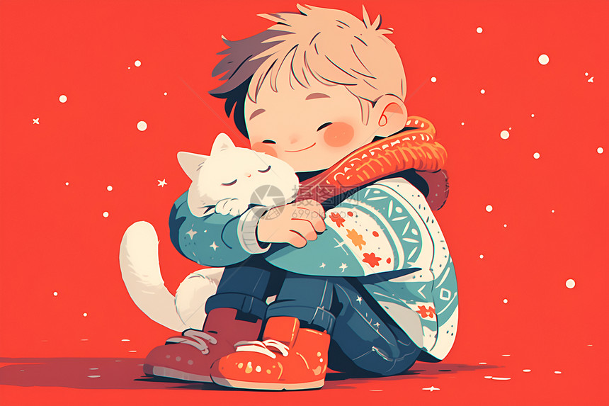 抱着小猫的男孩图片
