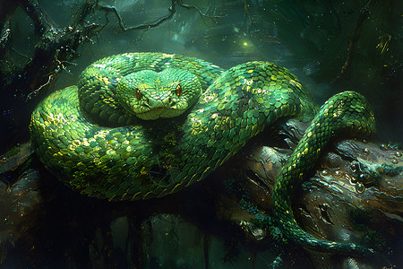 绿蛇盘在树木上的蛇插画