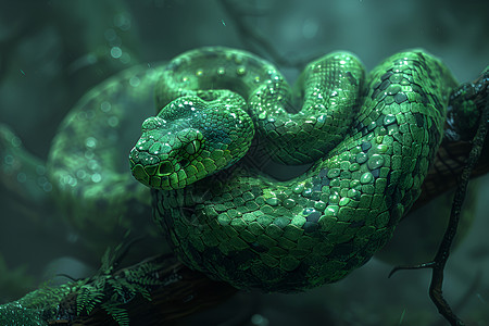 绿蛇树木上的青蛇插画