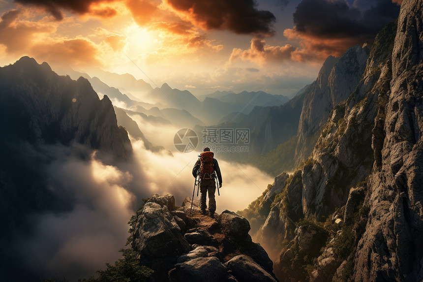站在山顶的勇敢探险者图片