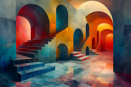 瓷砖排列迷幻色彩中的阶梯设计图片