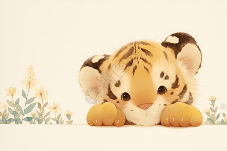 动物幼崽墙壁上露出头的可爱小老虎插画