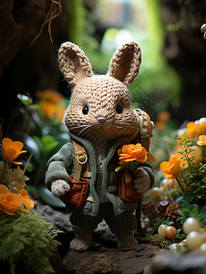编织动物绣兔花园插画