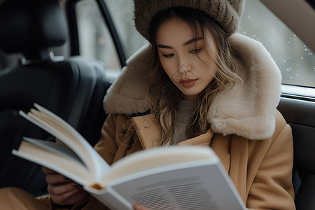 随车阅读的女子高清图片