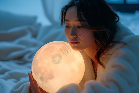 女子抱着月亮灯背景图片