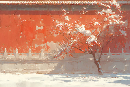 古典红宫殿红墙前的梅花插画