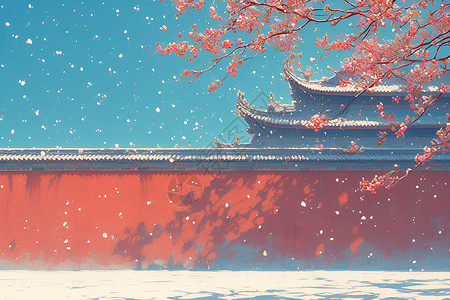 雪景建筑雪花中的宫殿红墙插画