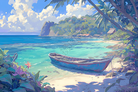 阳光沙滩上的蓝色小船背景图片