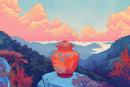 夕阳山川中的紫罐背景图片