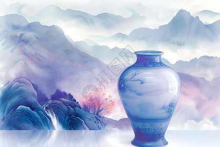 陶瓷玻璃山水间的青花瓷花瓶插画