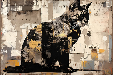 ps砖纹素材墙上的猫彩绘插画