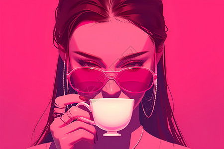 带着粉色太阳镜的女性喝着咖啡背景图片