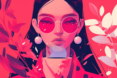咖啡女性戴粉色墨镜的女人插画