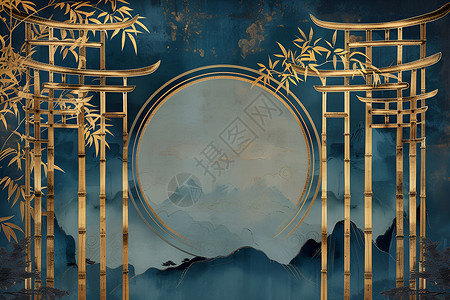 金色画框竹林中的金色幻境设计图片