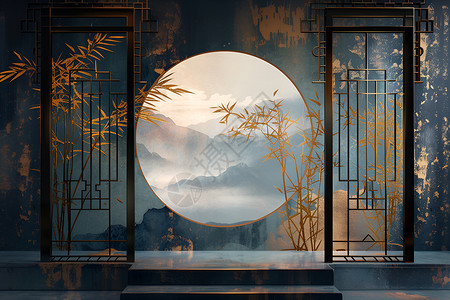浓墨竹树窗户前景有一棵竹子设计图片