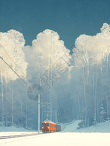 雪林中的红色列车背景图片