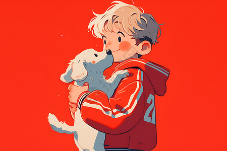 可爱卡通男孩抱着白色小狗背景图片
