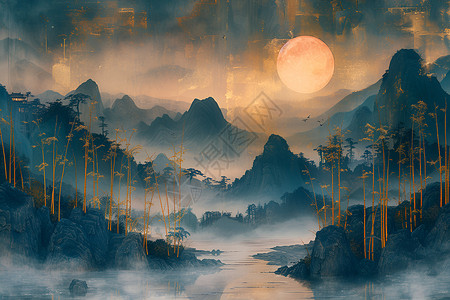 月夜山水画背景图片