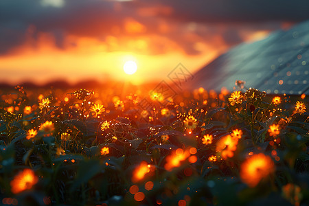 夕阳下的鲜花田背景图片