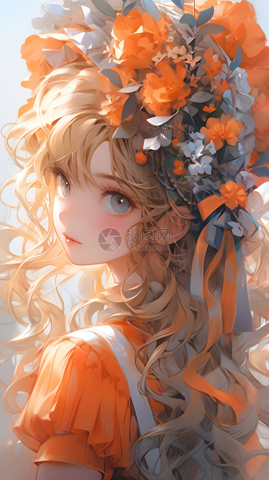 橙色女孩与橙花冠图片