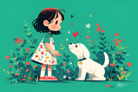 花海童话女孩和小狗背景图片